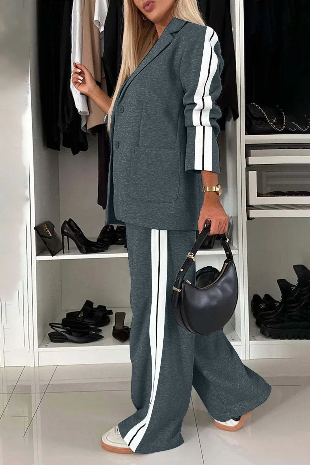 Full Size Contrast Lapel Collar Top and Pants Set Light Gray / S 