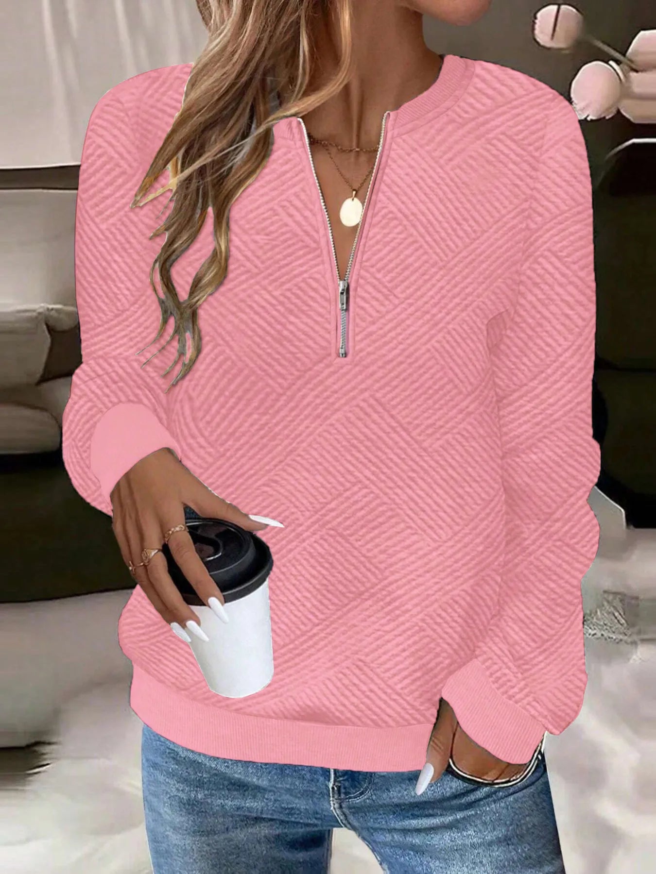 Quarter Zip Textured Long Sleeve Sweatshirt Gray / S 
