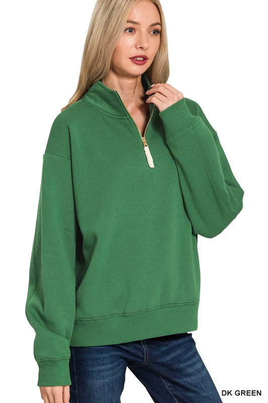 Zenana Fleece Half Zip Sweatshirt DK GREEN / S 