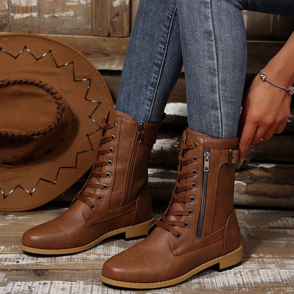 Round Toe Block Heels Boots Brown / 36 