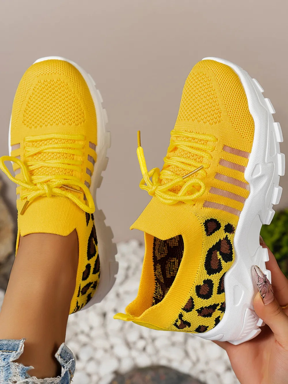 Cutout Leopard Lace Up Mesh Athletic Black / 36(US5) 