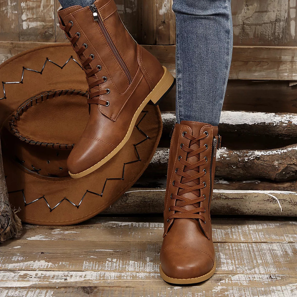 Round Toe Block Heels Boots Brown / 36 
