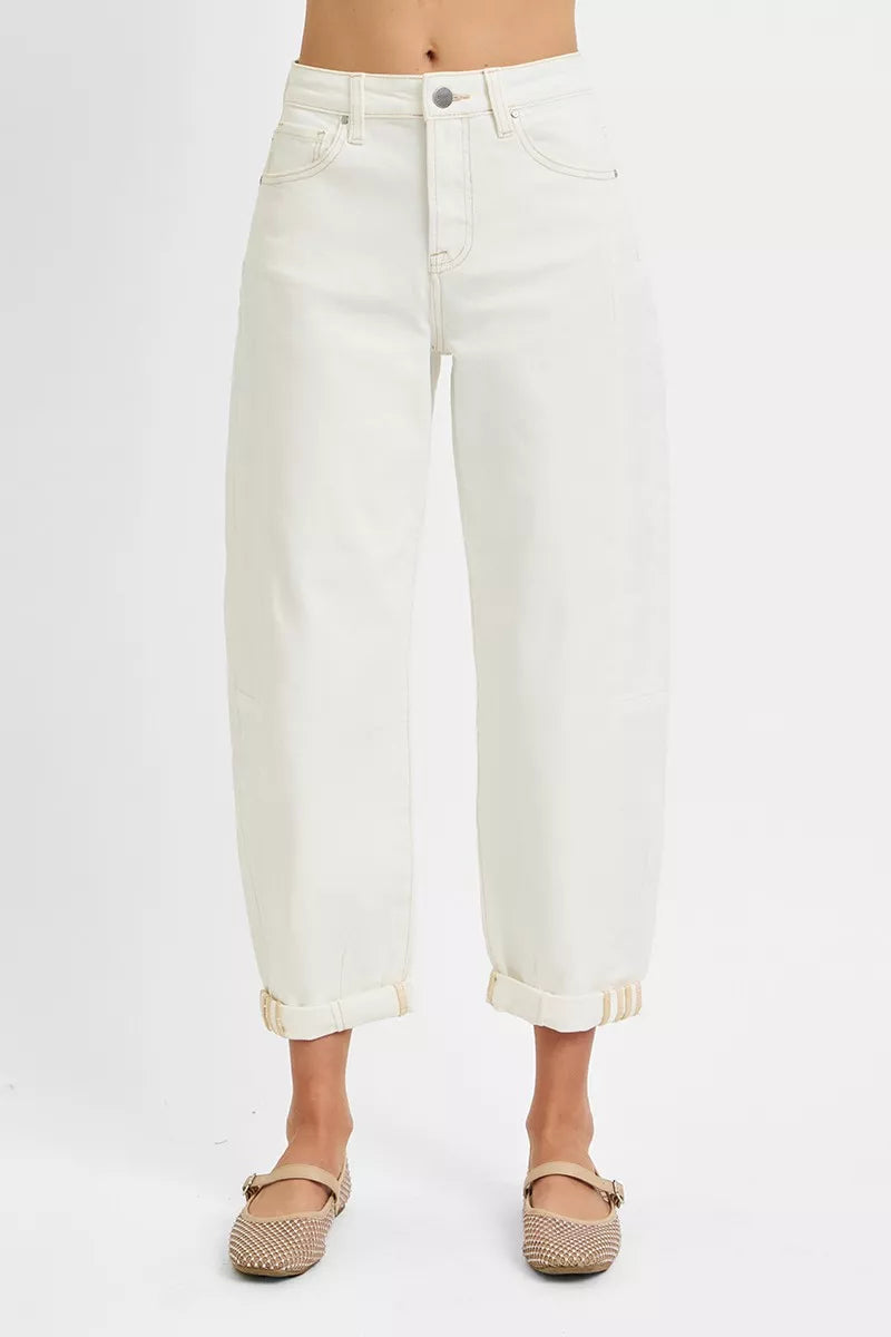 RISEN Full Size High Rise Barrel Cropped Jeans Plus Size CREAM / 0 