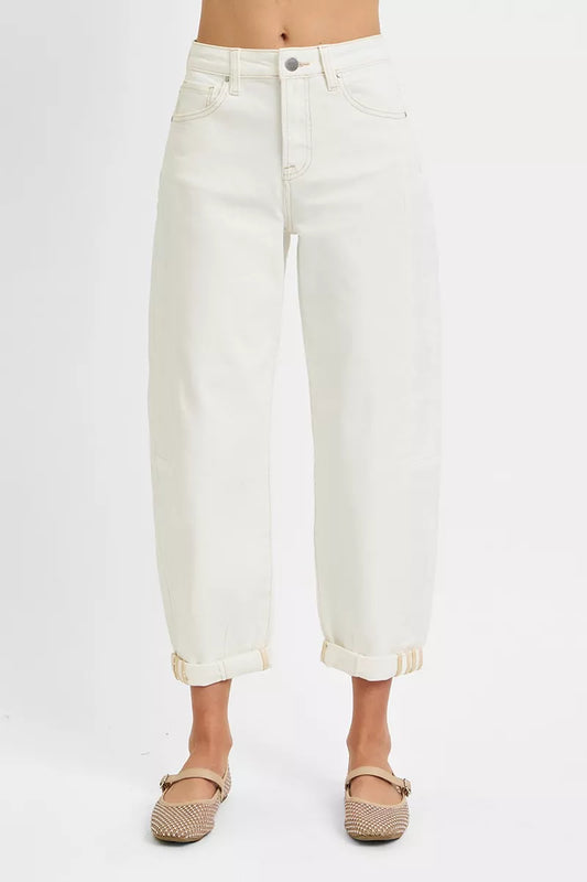 RISEN Full Size High Rise Barrel Cropped Jeans Plus Size CREAM / 0 