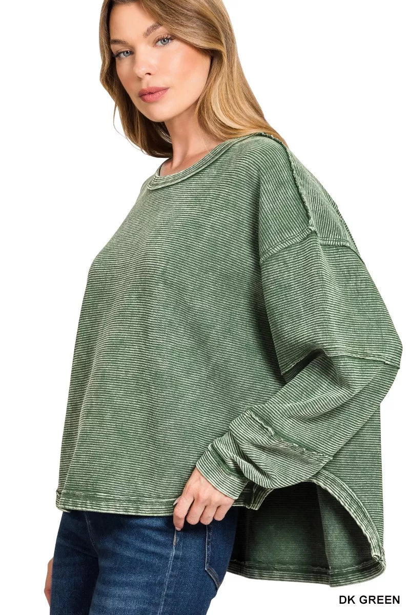 Zenana Acid Washed Exposed-Seam Sweatshirt DK GREEN / S/M 