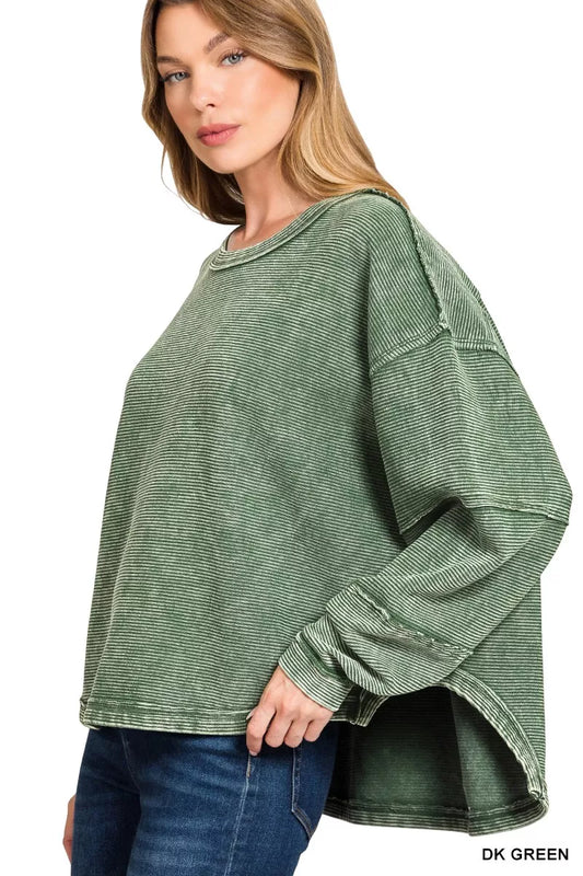 Zenana Acid Washed Exposed-Seam Sweatshirt DK GREEN / S/M 