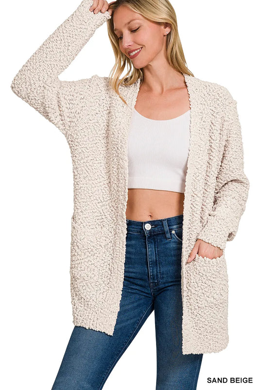 Zenana Long Sleeve Popcorn Sweater Cardigan with Pockets SAND BEIGE / S 