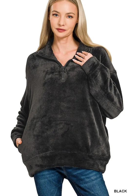 Zenana Faux Fur Half Zip Pocket Pullover BLACK / S 