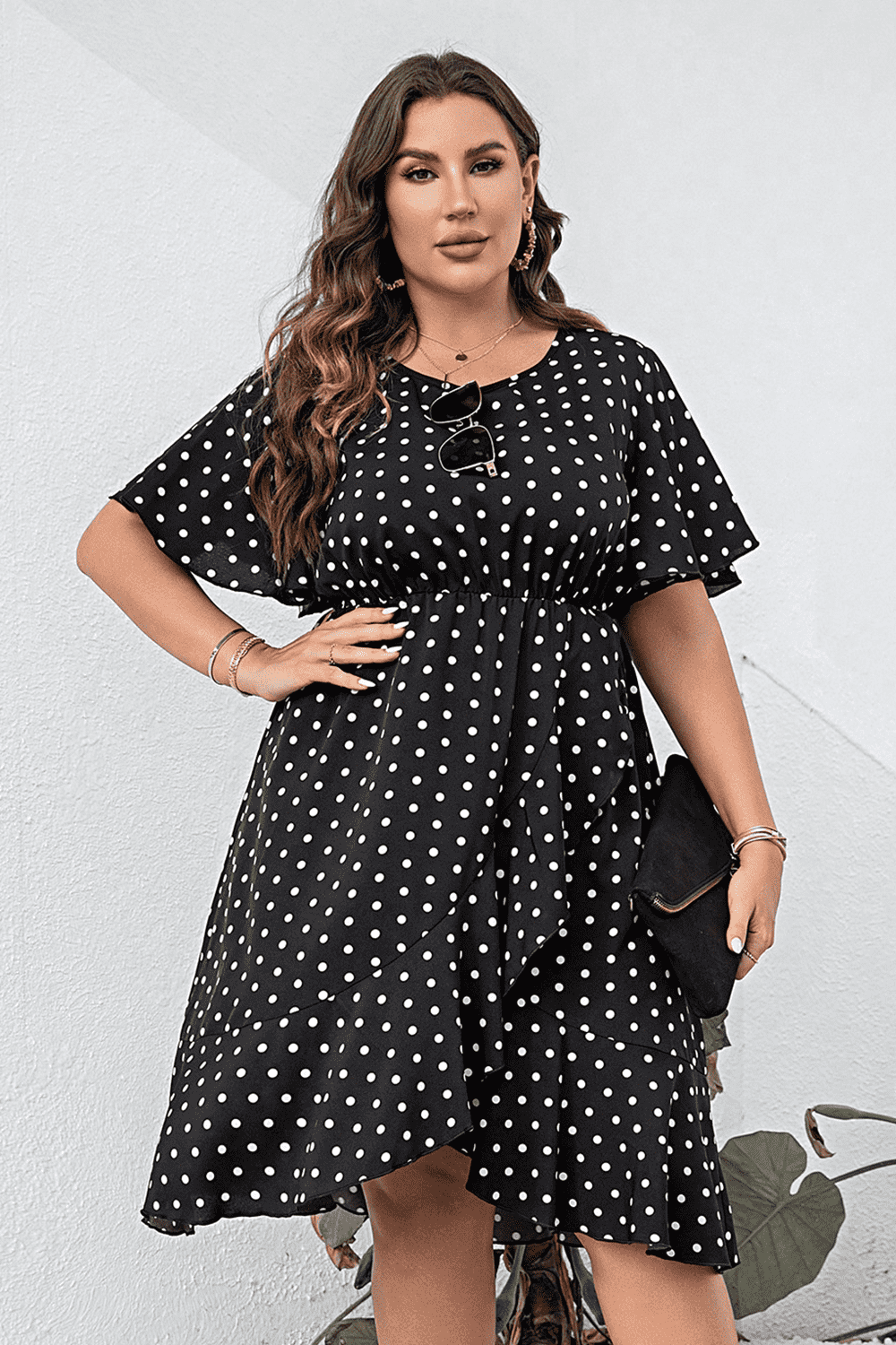 Plus Size Polka Dot Flutter Sleeve Dress Black / 1XL 