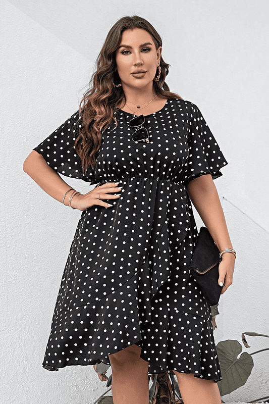 Plus Size Polka Dot Flutter Sleeve Dress Black / 1XL 