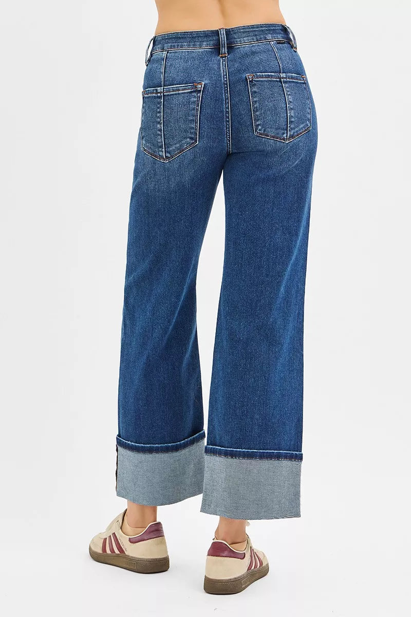 RISEN Full Size High Rise Crop Wide Straight Cuffed Jeans Plus Size DARK / 0 