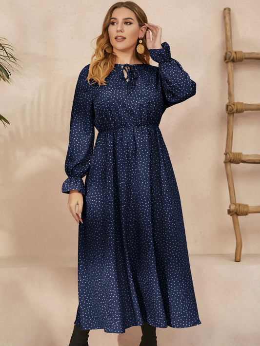 Honey Plus Size Ruffled Polka Dot Long Sleeve Midi Dress Navy / 0XL 