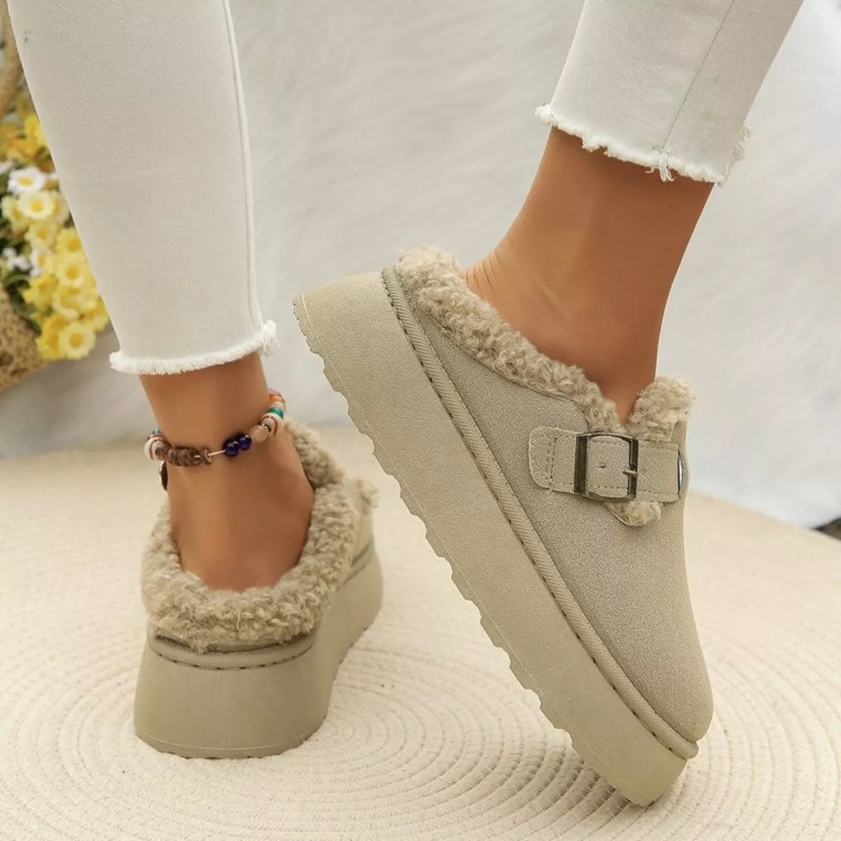 Round Toe Platform Fleece-Lined Slip-Ons Black / 36 