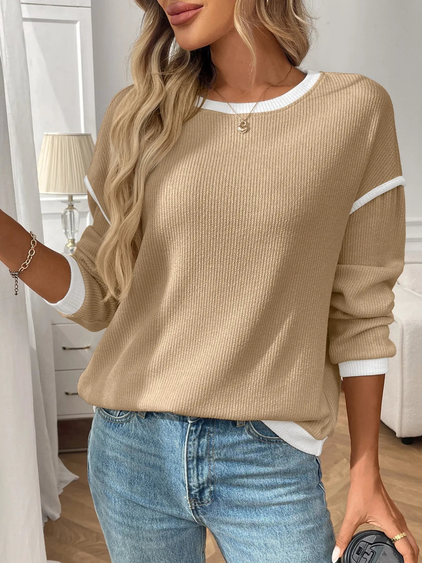 Ribbed Contrast Trim Long Sleeve Top Blush Pink / S 