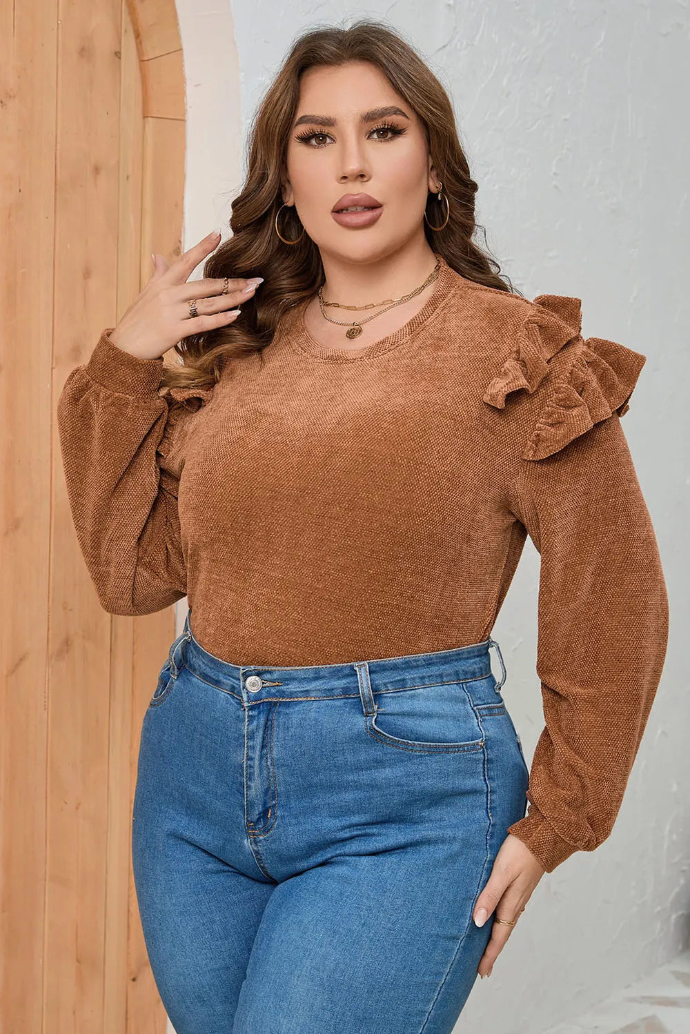 Plus Size Ruffled Round Neck Long Sleeve T-Shirt Caramel / 1XL 