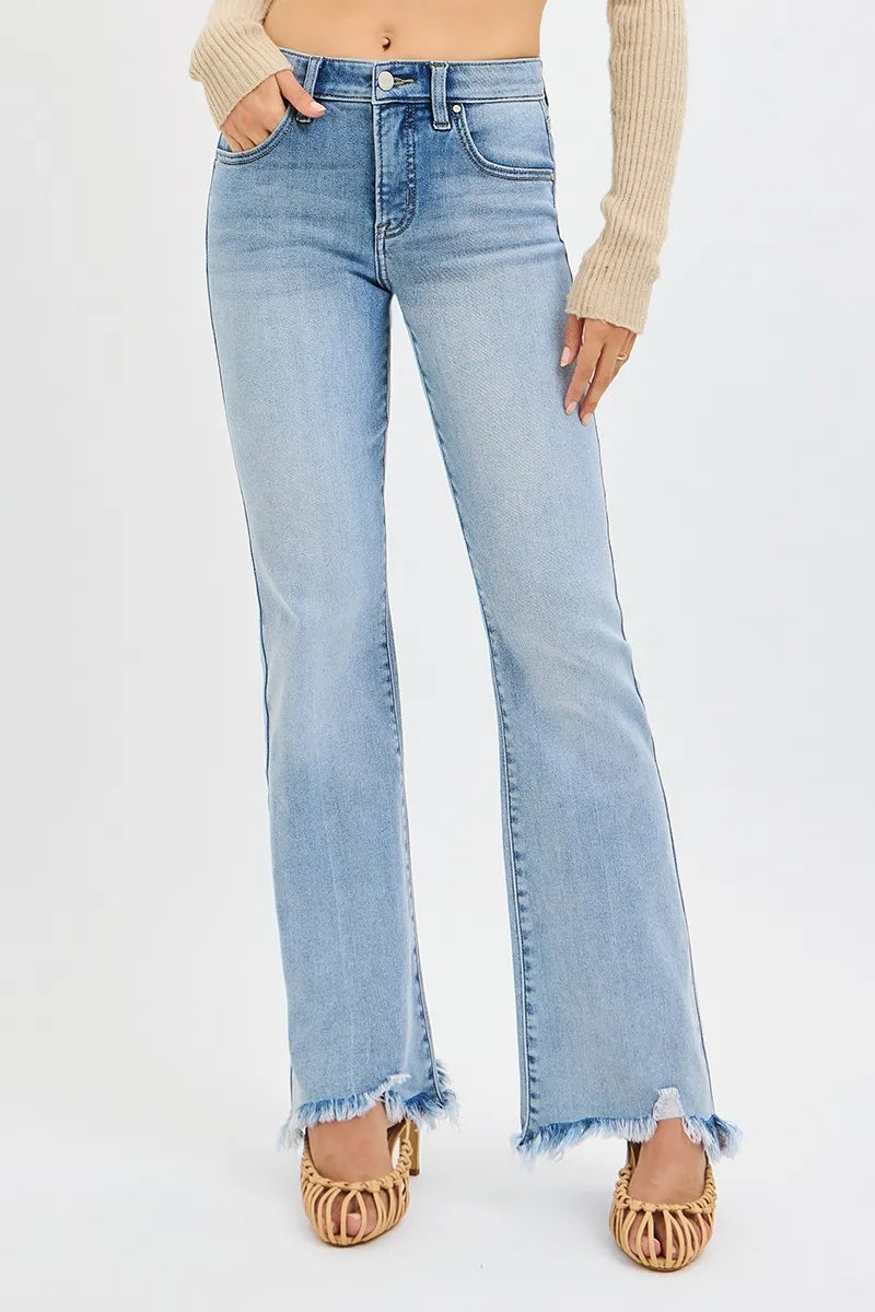 RISEN Full Size Tummy Control Mid Rise Flare Jeans with Fray Hem Detailed Plus Size MEDIUM / 0 