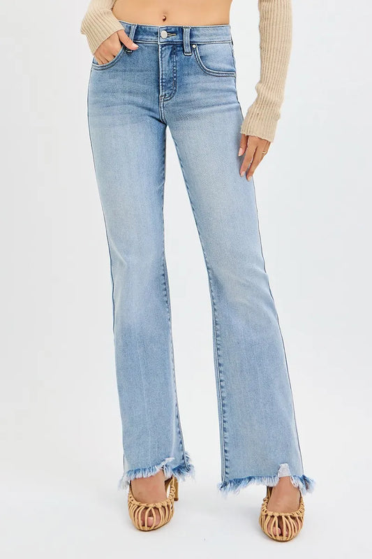 RISEN Full Size Tummy Control Mid Rise Flare Jeans with Fray Hem Detailed Plus Size MEDIUM / 0 