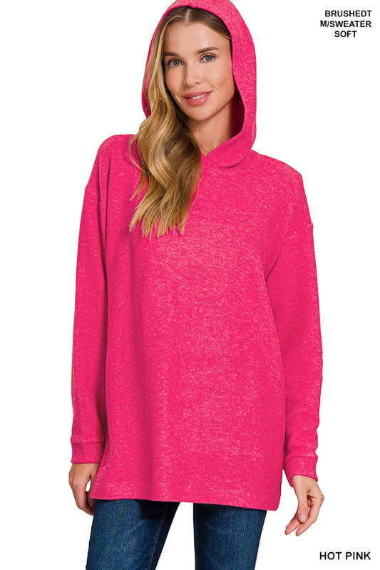 Zenana Hooded Brushed Melange Hacci Sweater HOT PINK / S/M 
