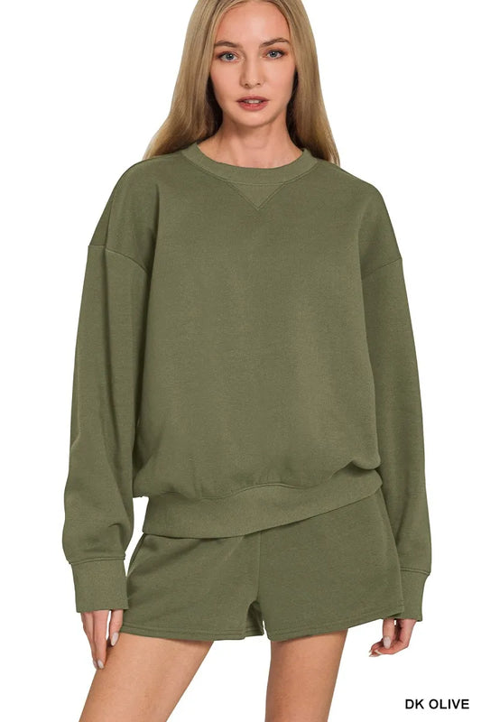 Zenana Fleece Long Sleeve Sweatshirts & Shorts Set DK OLIVE / S 