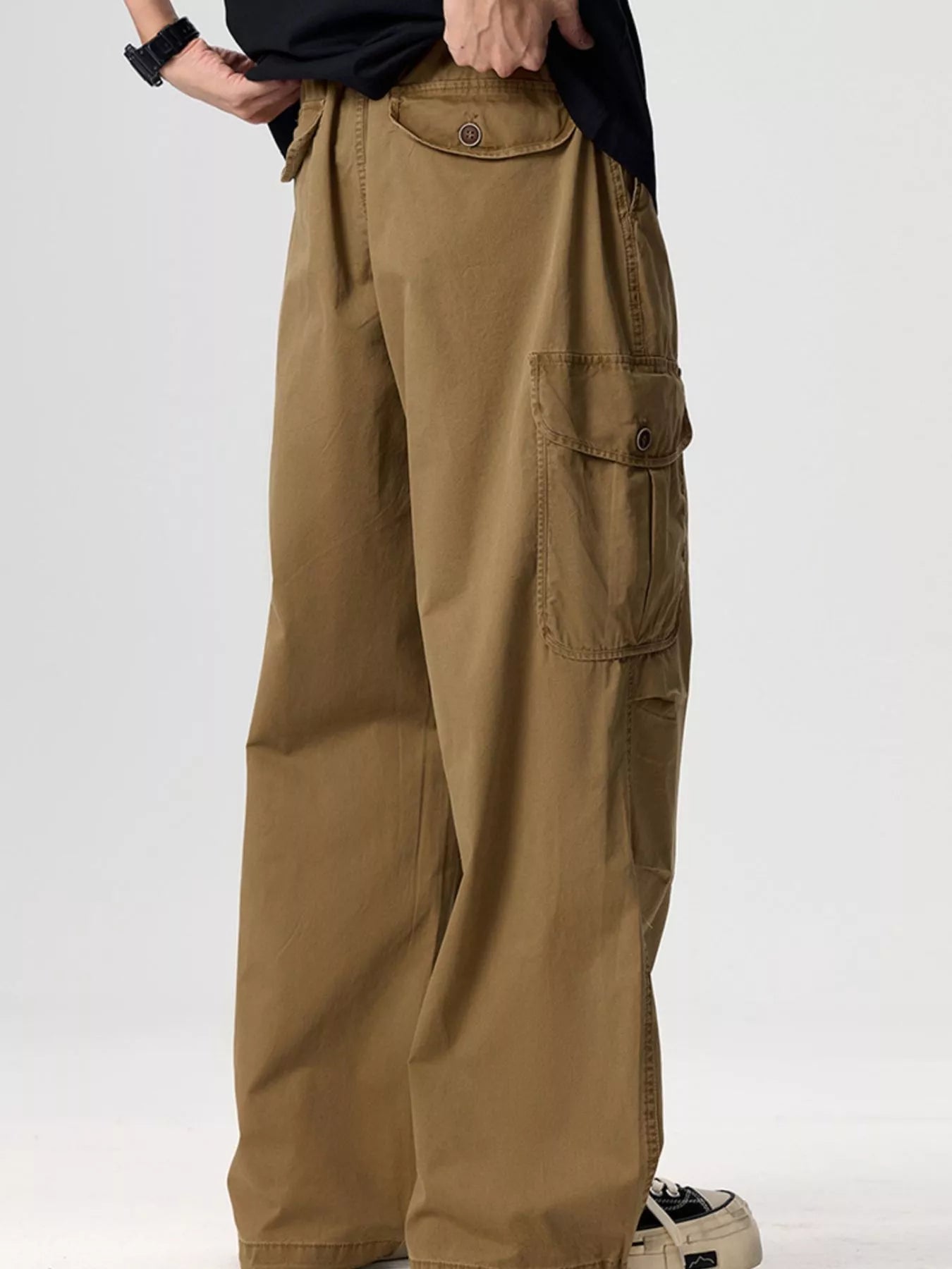 Men's Plus Size Drawstring Wide Leg Cargo Pants Deep Khaki / M 