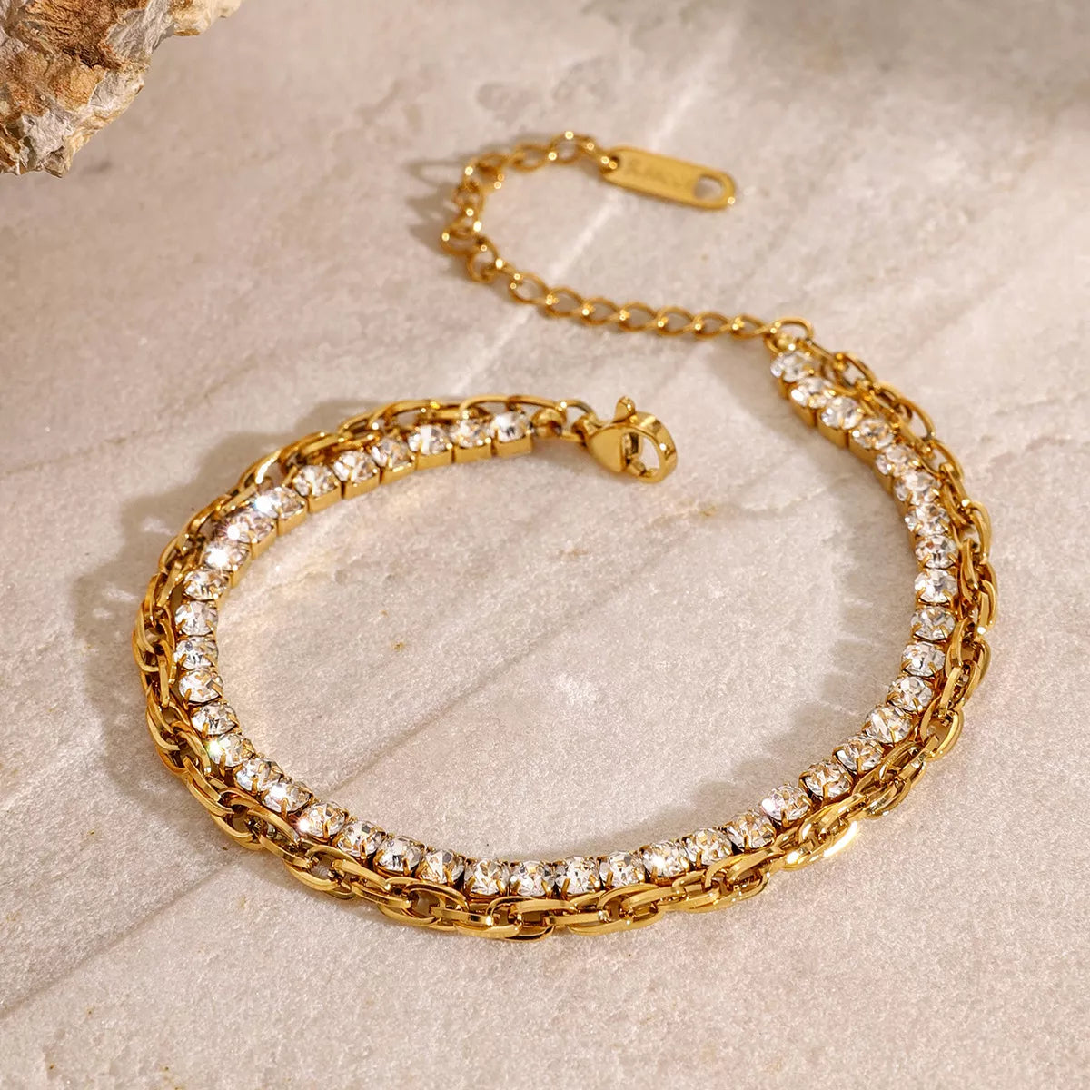 18K Gold-Plated Rhinestone Double Layered Bracelet Gold / One Size 