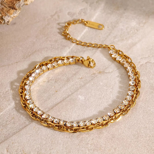 18K Gold-Plated Rhinestone Double Layered Bracelet Gold / One Size 