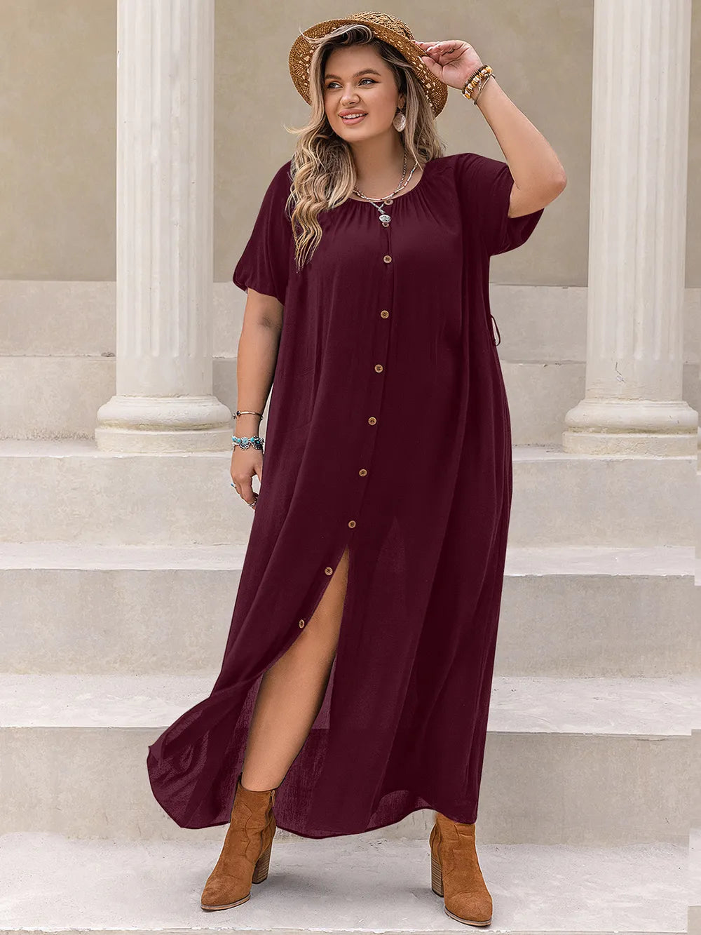 Plus Size Round Neck Half Sleeve Dress Burgundy / 0XL 
