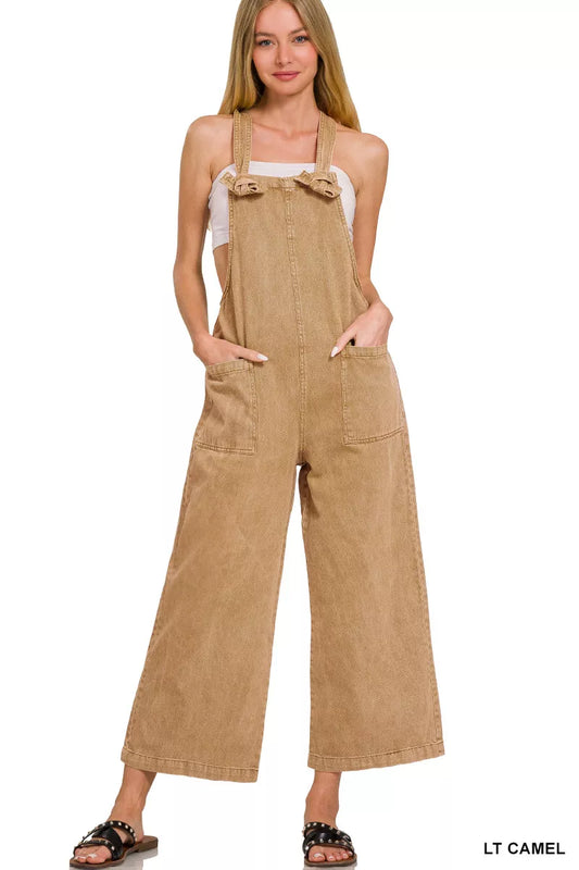 Zenana Washed Knot Strap Pockets Jumpsuit LT CAMEL / S 