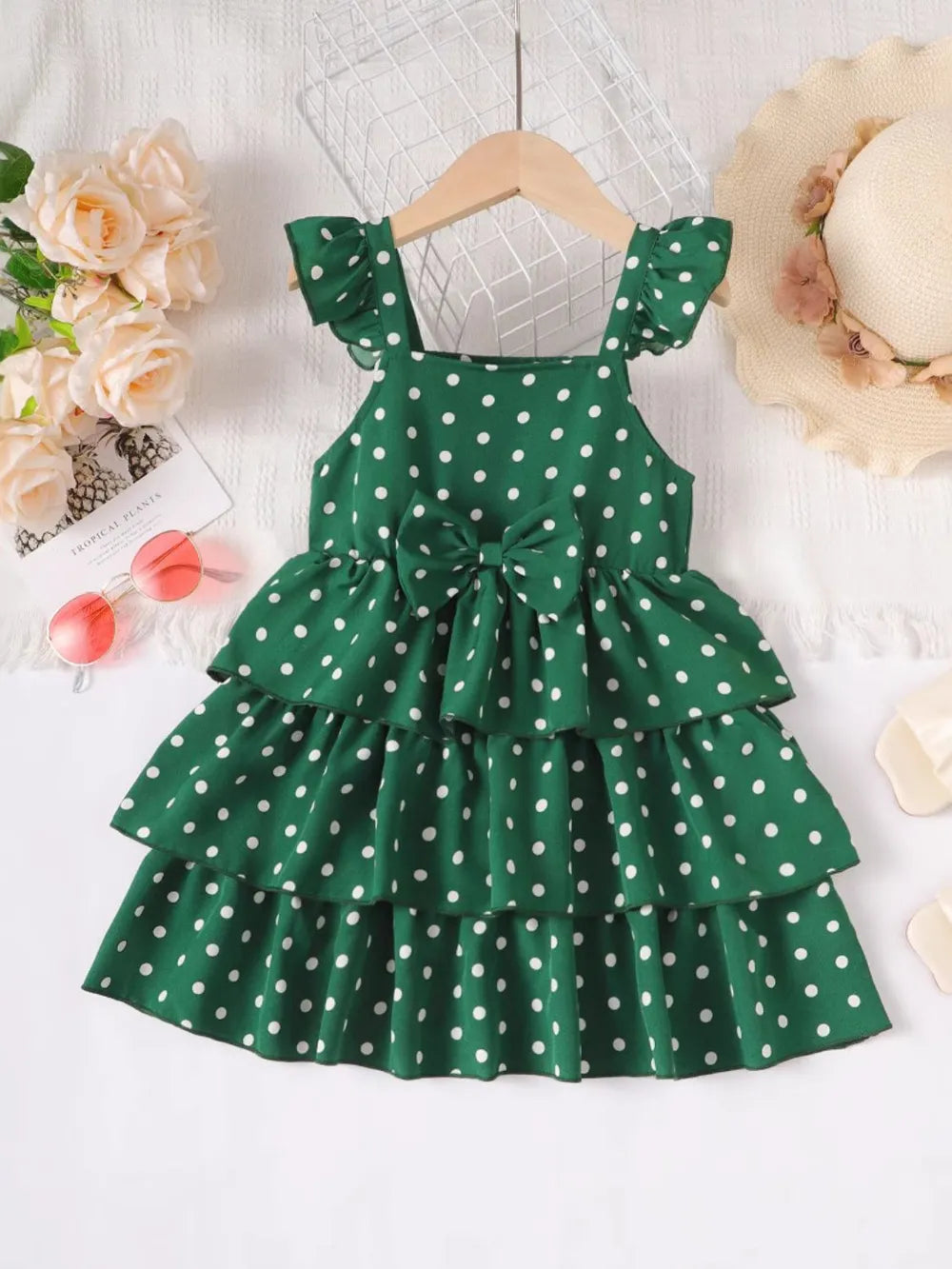 Bow Polka Dot Square Neck Layered Dress Scarlet / 18-24M 