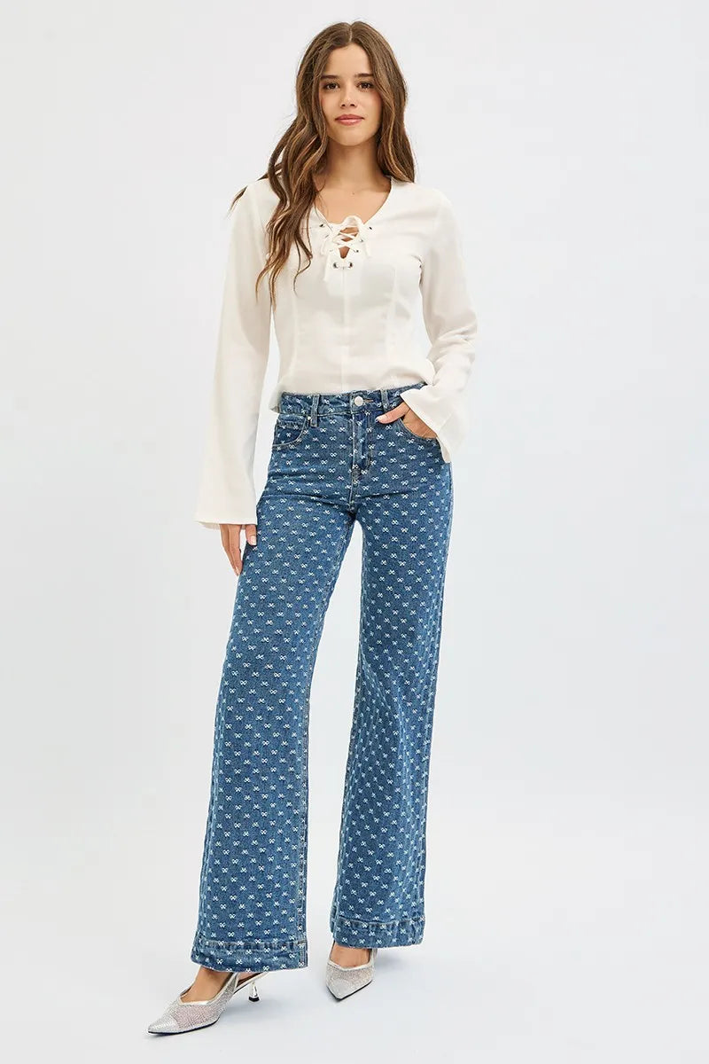 RISEN High Rise Wide Leg Bow Embroidered Jeans DARK / 0 