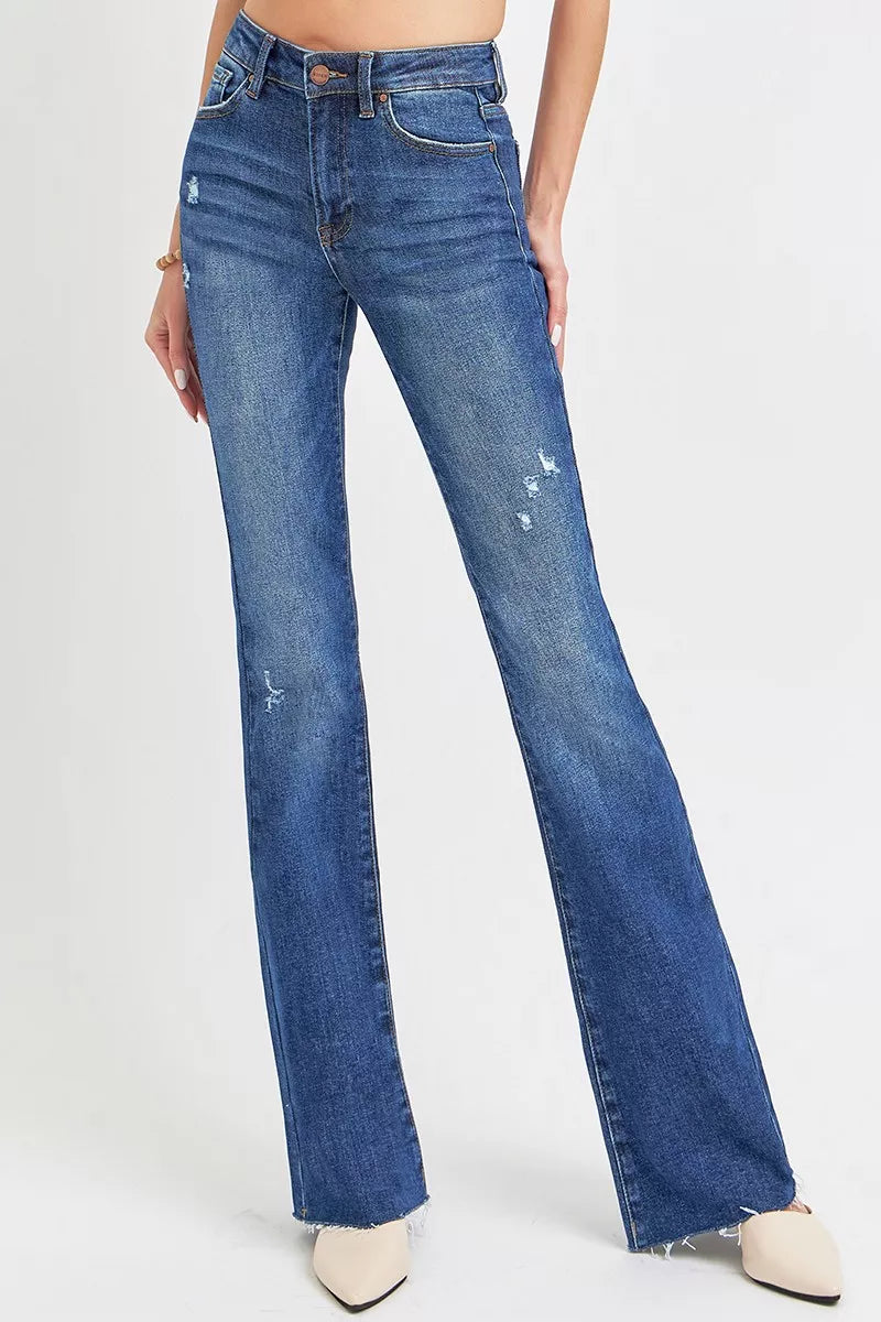 RISEN Full Size Distressed Mid Rise Flare Jeans Plus Size DARK / 0 