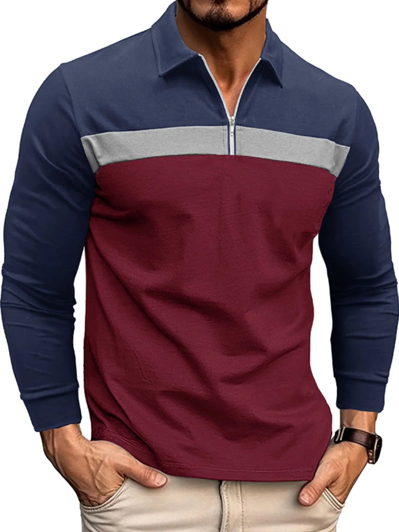 Men's Color Block Long Sleeve Polo Shirt Navy / S 