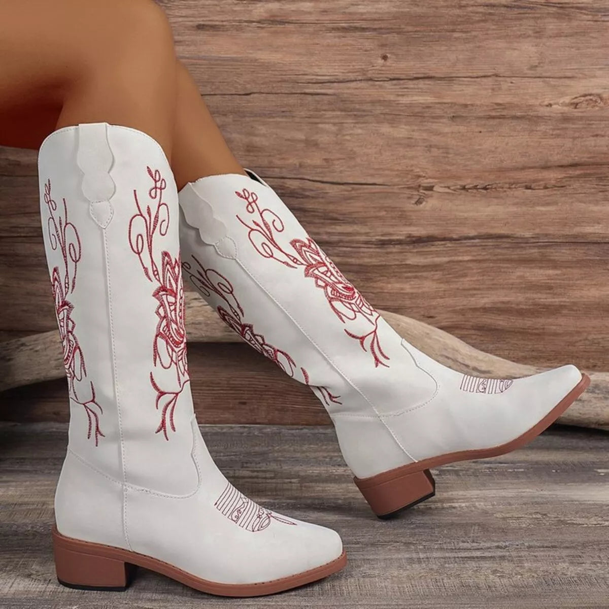Embroidered Block Heels Boots White / 36 