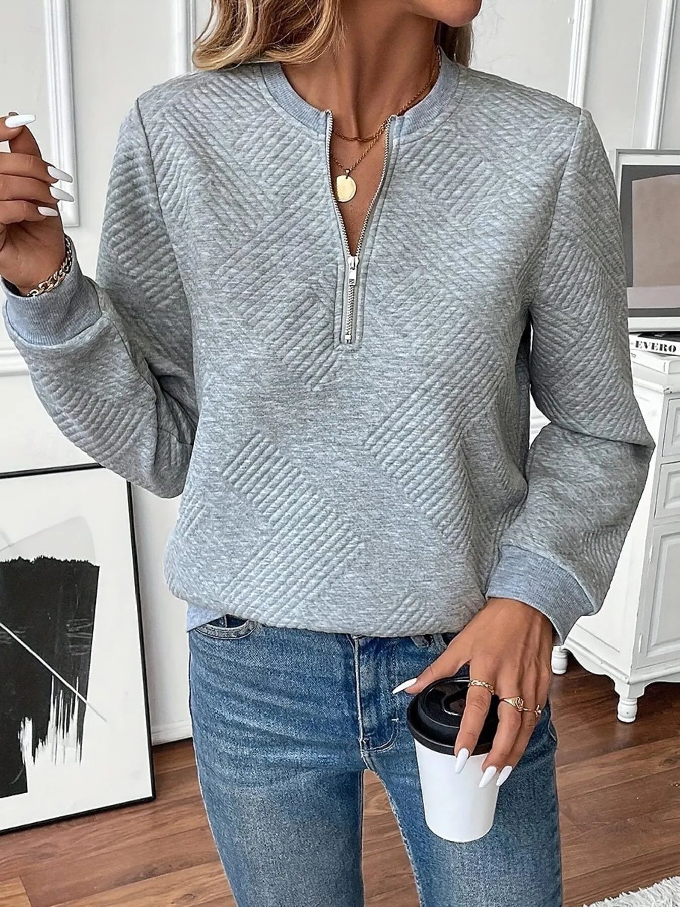 Quarter Zip Textured Long Sleeve Sweatshirt Gray / S 