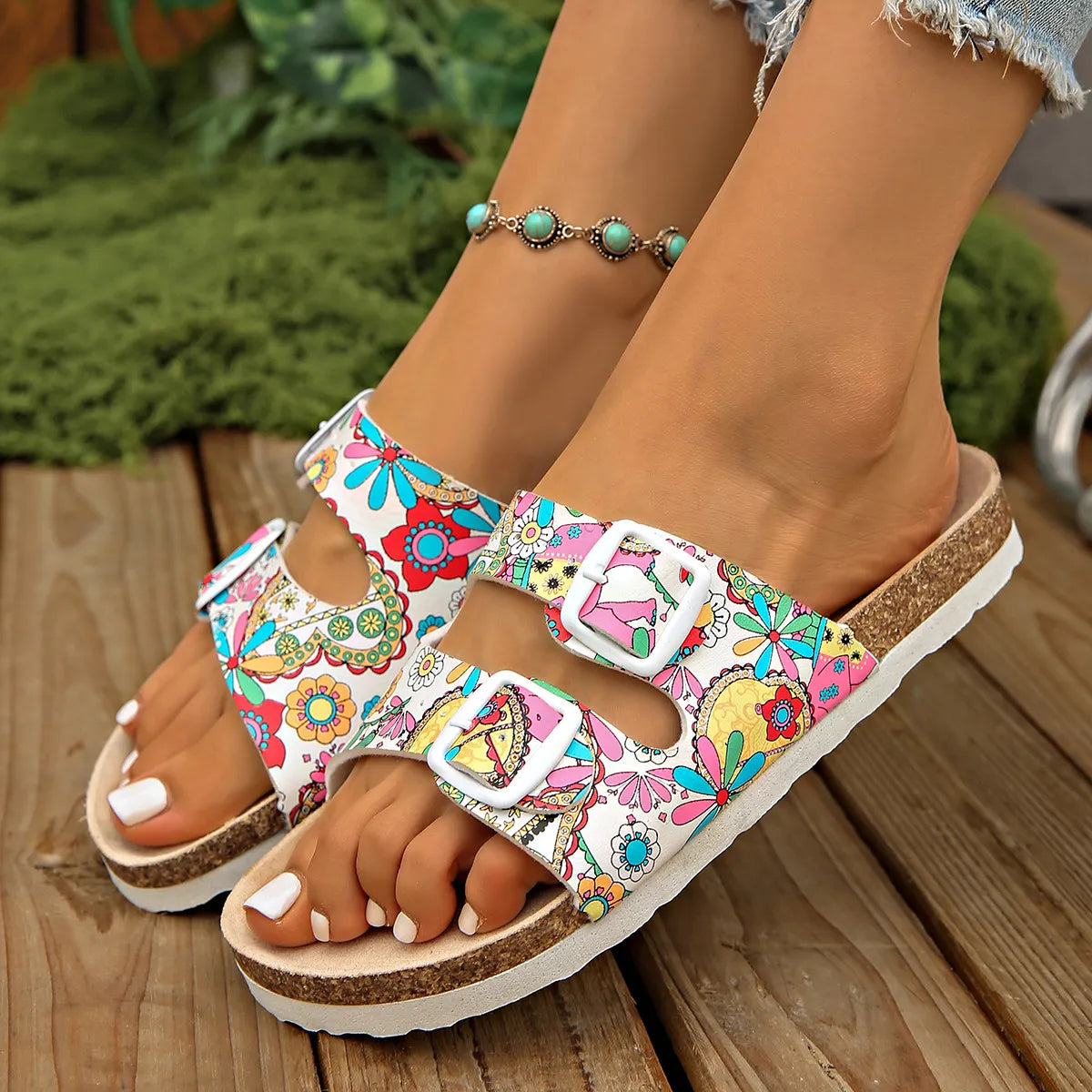 Printed Double Buckle Sandals Black / 36 