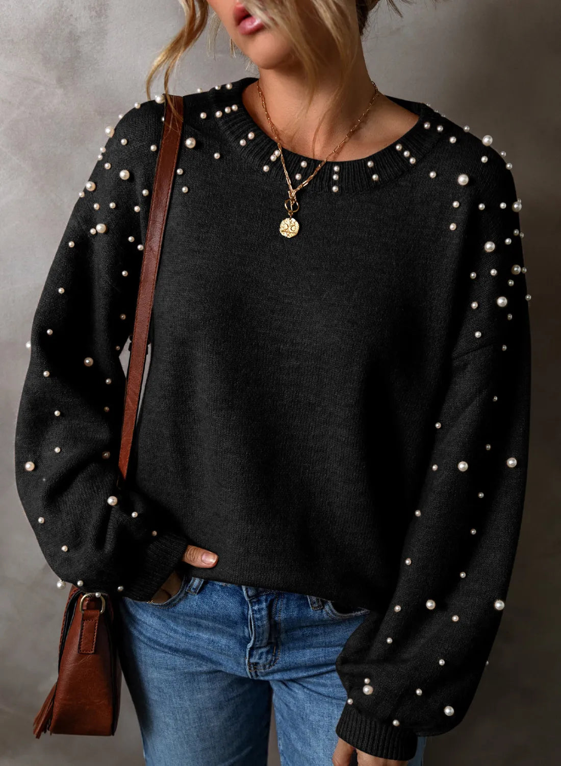 Pearl Detail Round Neck Long Sleeve Sweater Black / S 