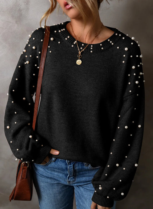 Pearl Detail Round Neck Long Sleeve Sweater Black / S 