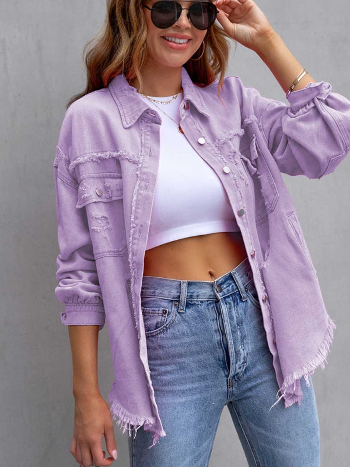 Distressed Drop Shoulder Denim Jacket Fuchsia Pink / S 