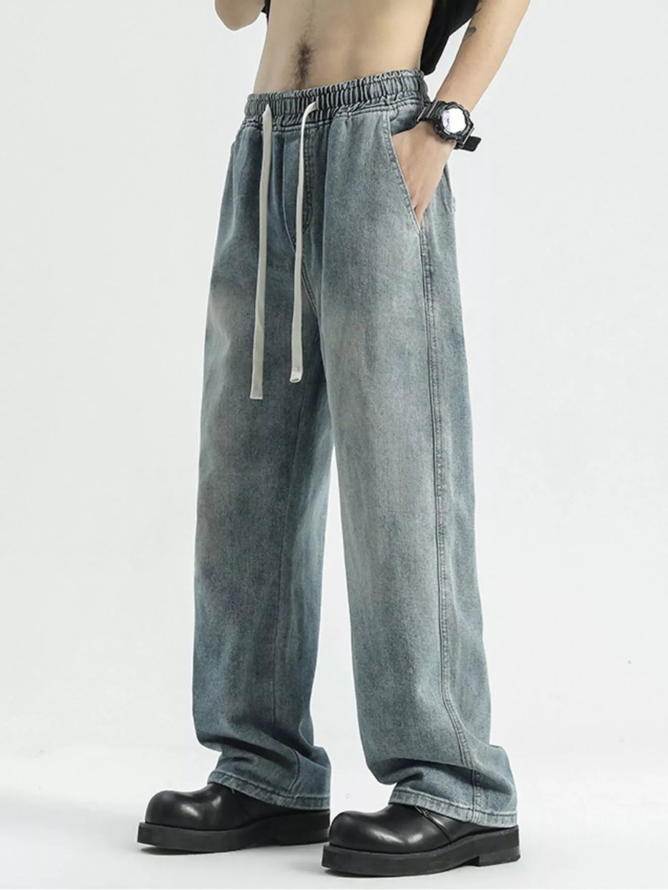 Men's Full Size Washed Wide Leg Drawstring Jeans Plus Size Polished Gray / S 