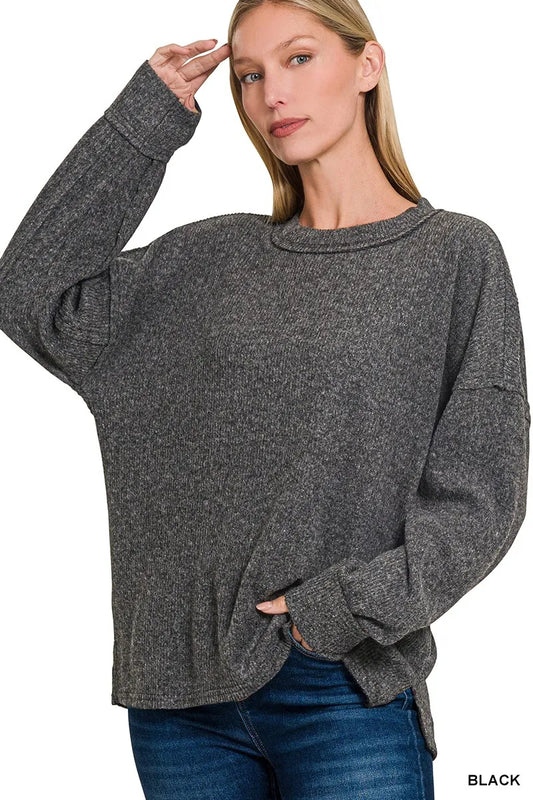 Zenana Full Size Brushed Ribbed Hacci Drop Shoulder Sweater Plus Size BLACK / S/M 