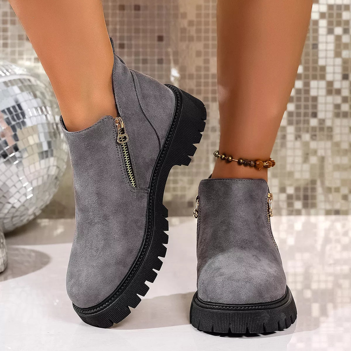 Round Toe Side Zip Ankle Boots Ivory / 36 