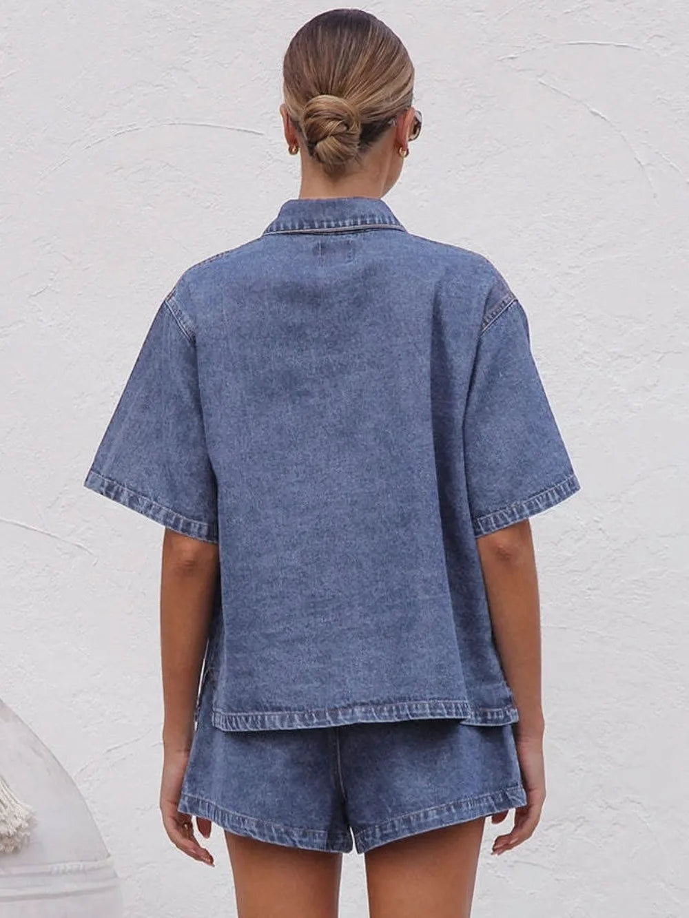 Collared Neck Button Up Top and Shorts Denim Set Medium / S 