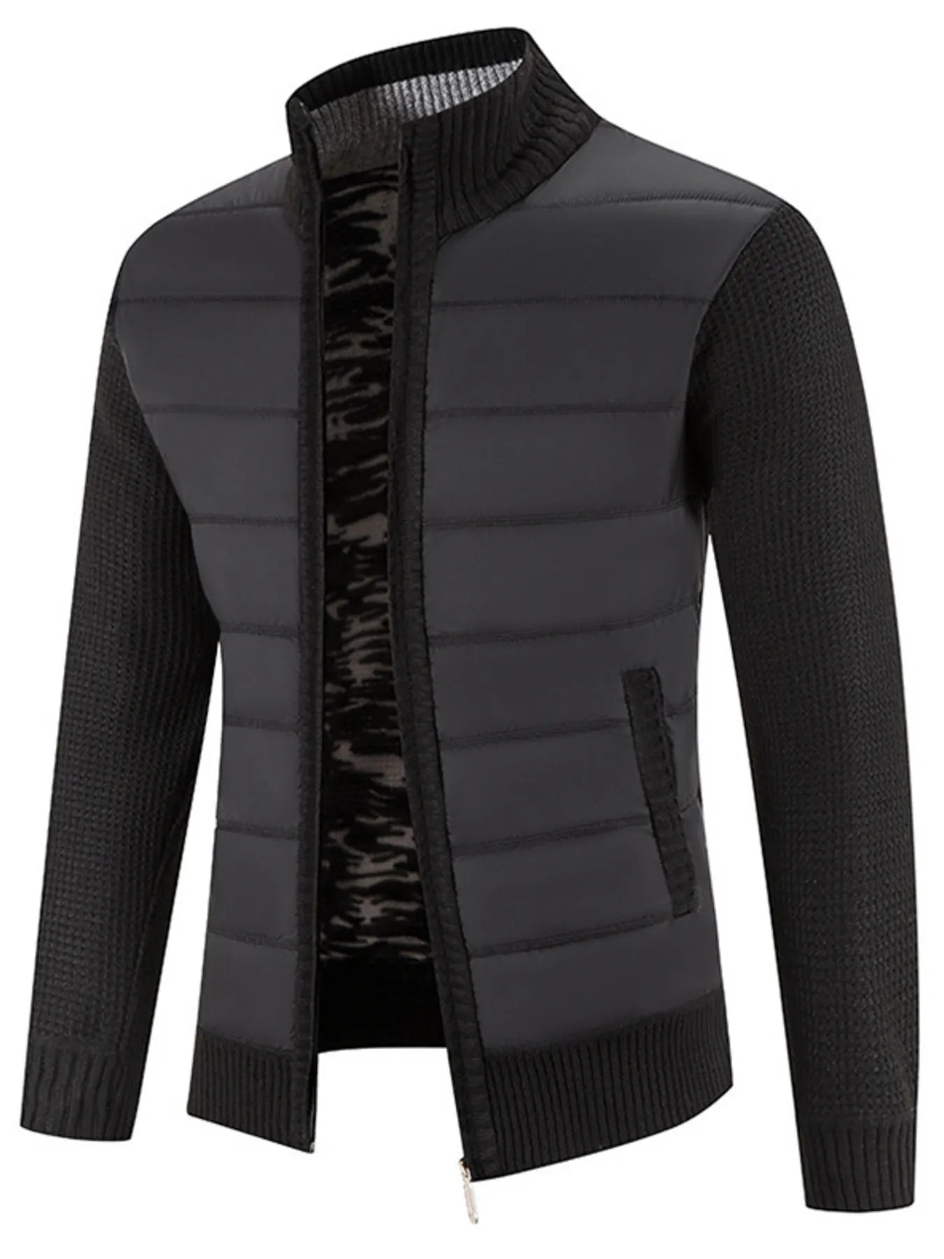 Men's Plus Size Quilted Knit Bomber Jacket with Stand Collar Black / M 
