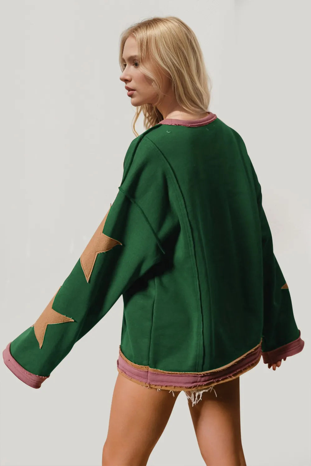 Double Take Star Patched Long Sleeve Sweatshirt Moss / S 