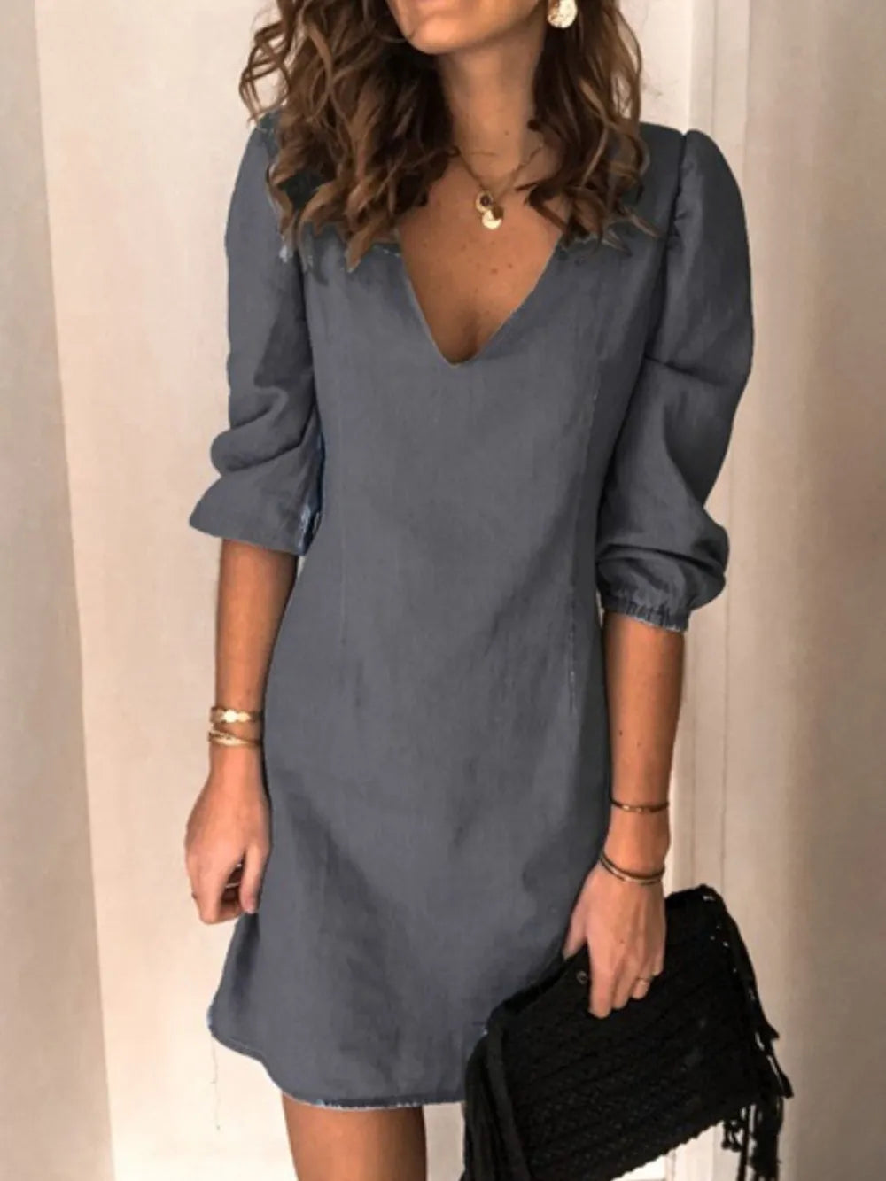 Full Size V-Neck Half Sleeve Dress Light Blue / S 