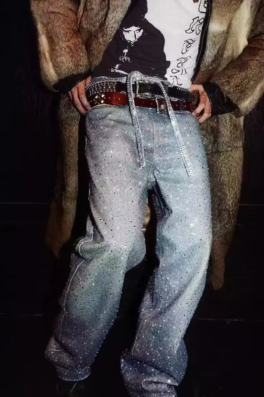 Men's Washed Rhinestone Jeans with Rhinestone Belt Medium / M 