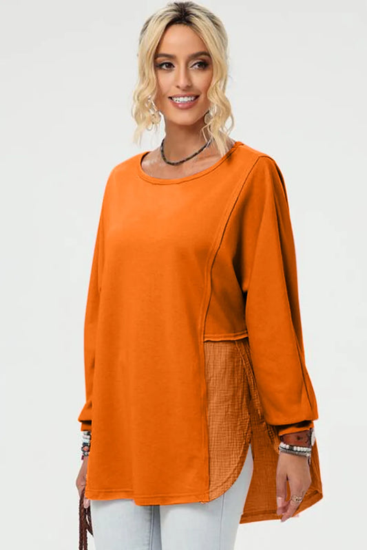 Double Take Full Size Long Sleeve High-Low T-Shirt Tangerine / S 