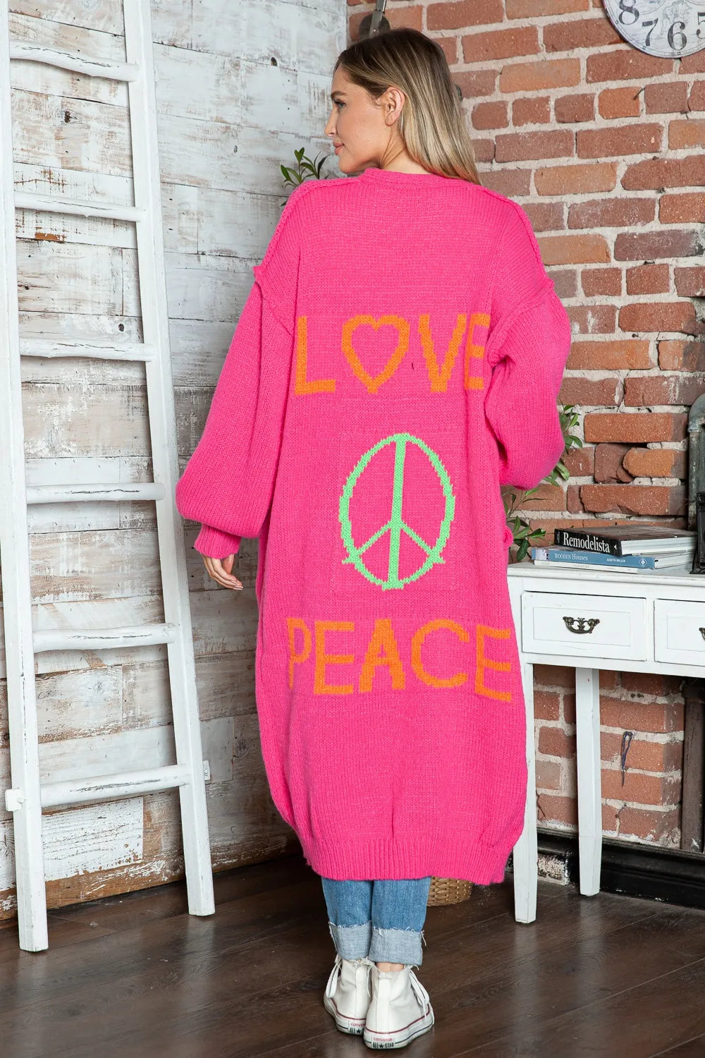 Letter Dropped Shoulder Long Sleeve Cardigan Deep Rose / S/M 