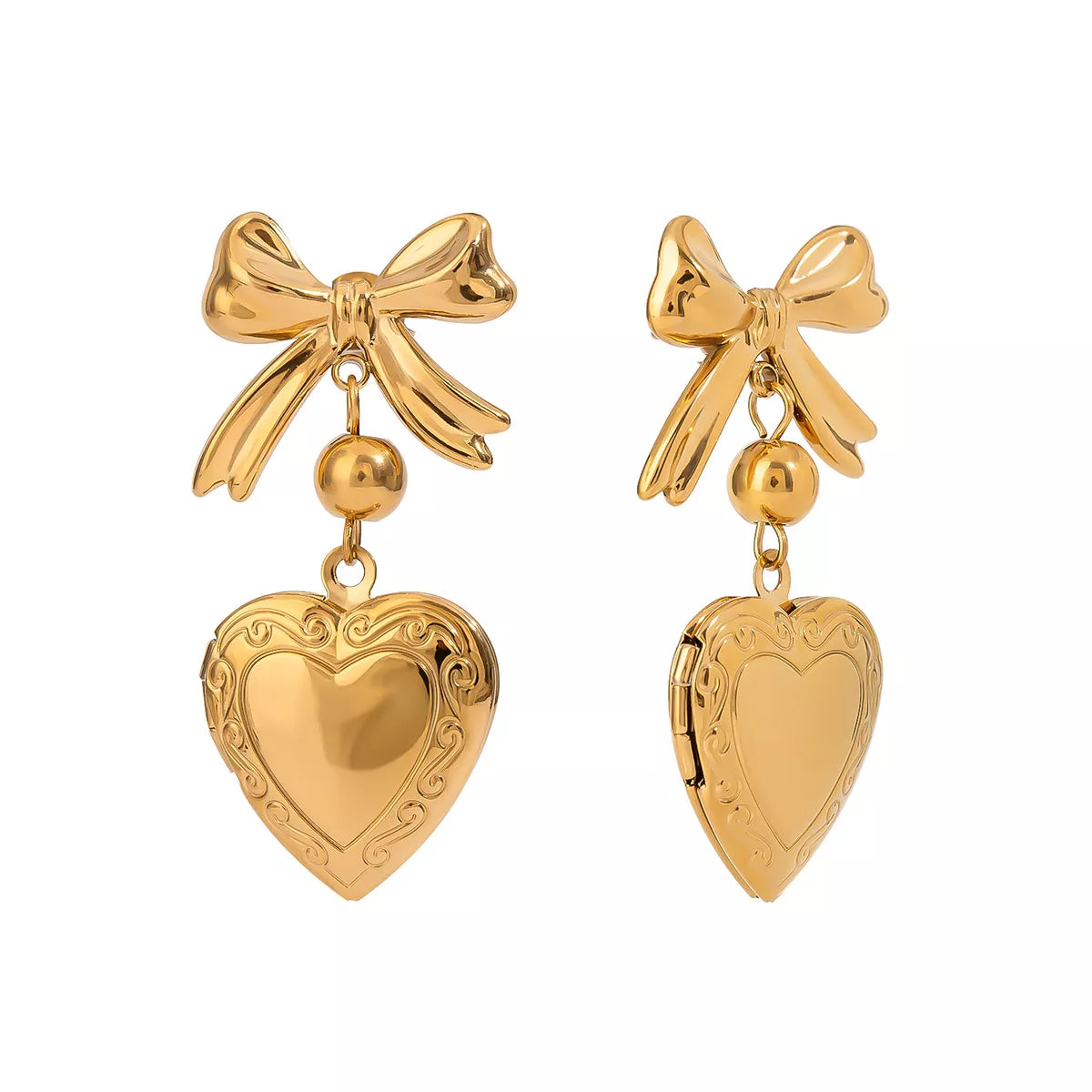 18K Gold-Plated Bow Heart Drop Earrings Gold / One Size 