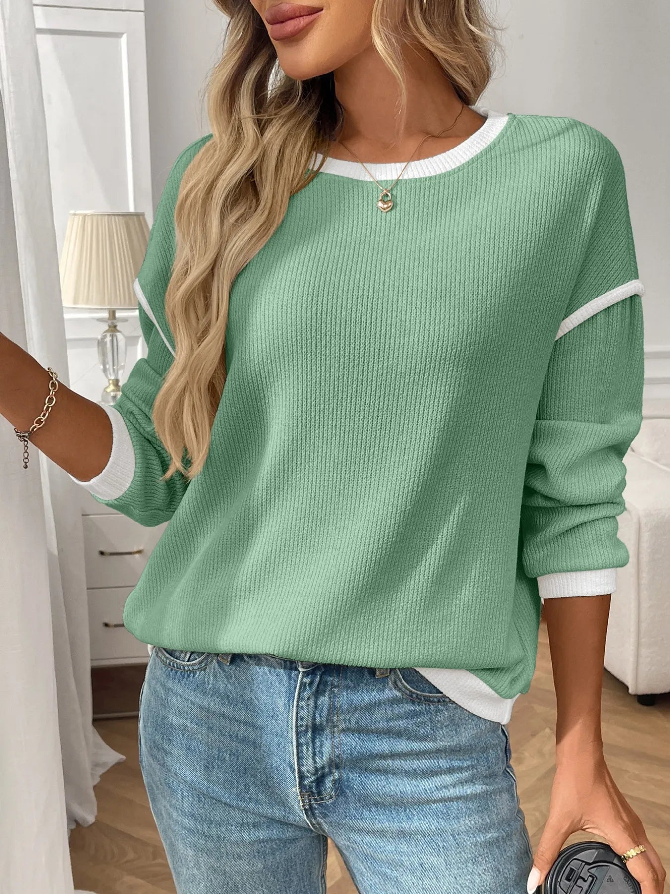 Ribbed Contrast Trim Long Sleeve Top Blush Pink / S 